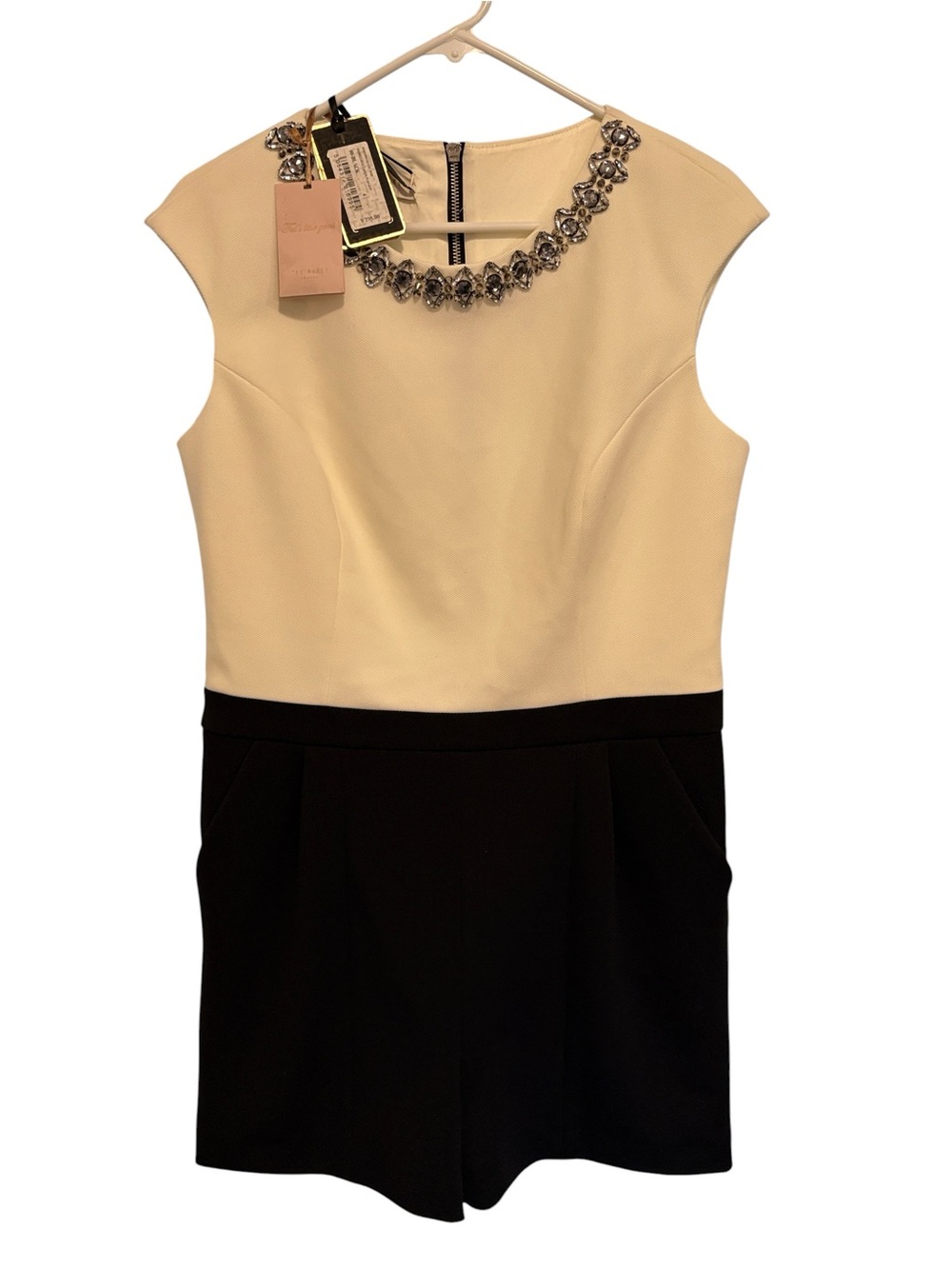 Ted Baker London Cream and Black Jeweled-Neck Cap-Sleeve Romper
